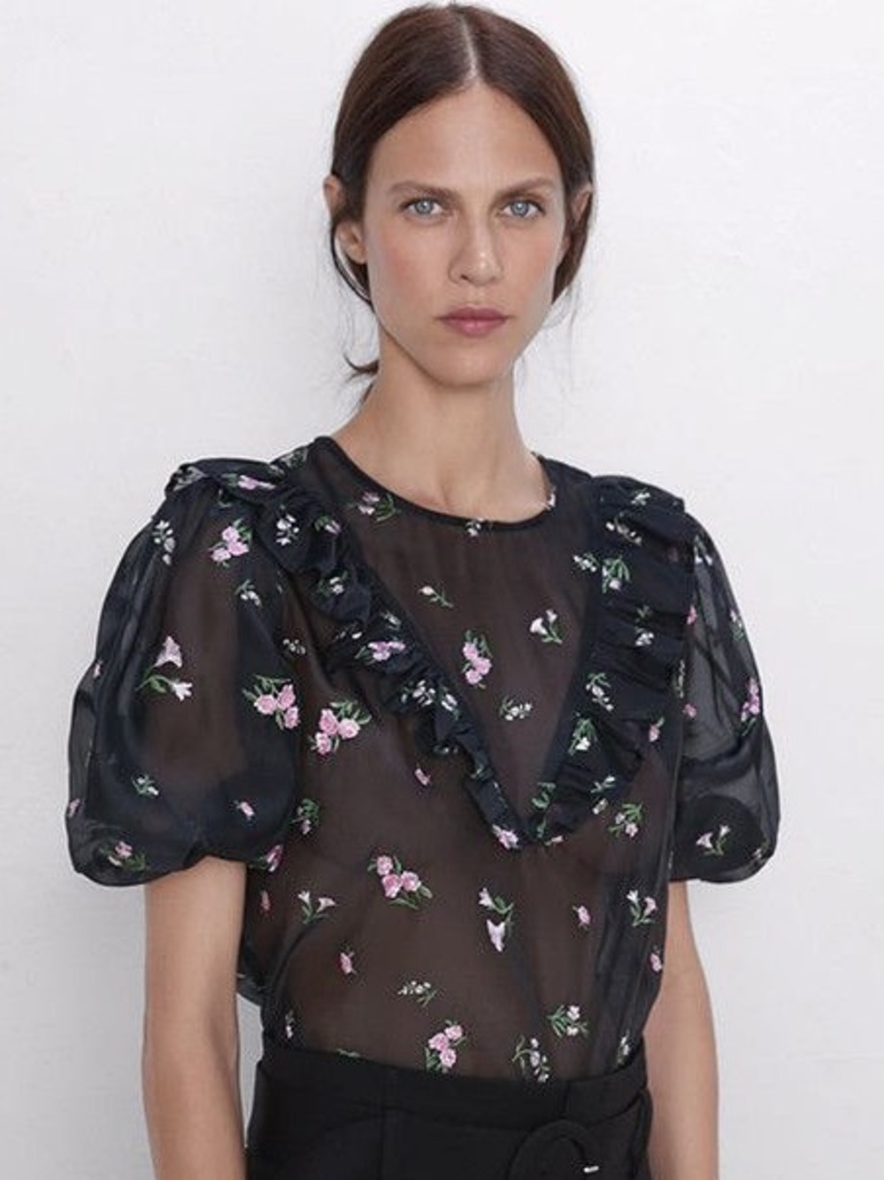 Zara | Black Sheer Floral Blouse | Pink Ruffle Neckline | Puff Sleeve